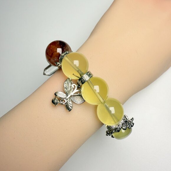 Bold 15mm honey-tone gemstone bracelet featuring Yellow Phantom, Cherry Quartz, - Picture 8 of 10